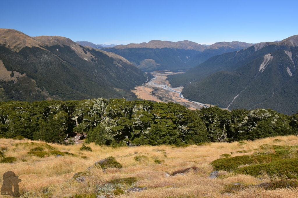 Faust, a Day Hike to the Peak with lovely Tarns on an Unnamed Track Looking back the bushline and SH 7 in the background