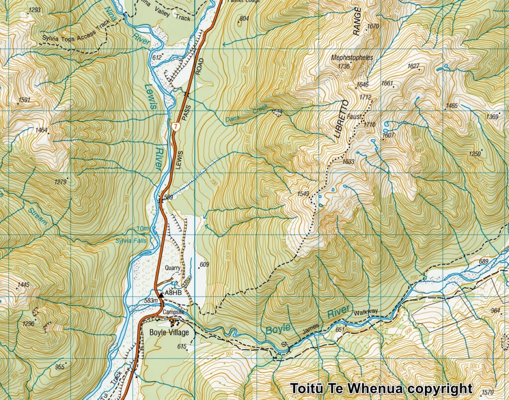 Faust, a Day Hike to the Peak with lovely Tarns on an Unnamed Track Toitū Te Whenua copyright Sourced from Topo50 Map