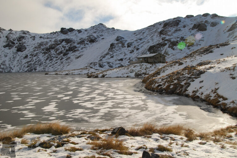 The “main lake” started icy when we left the hut in the morning.