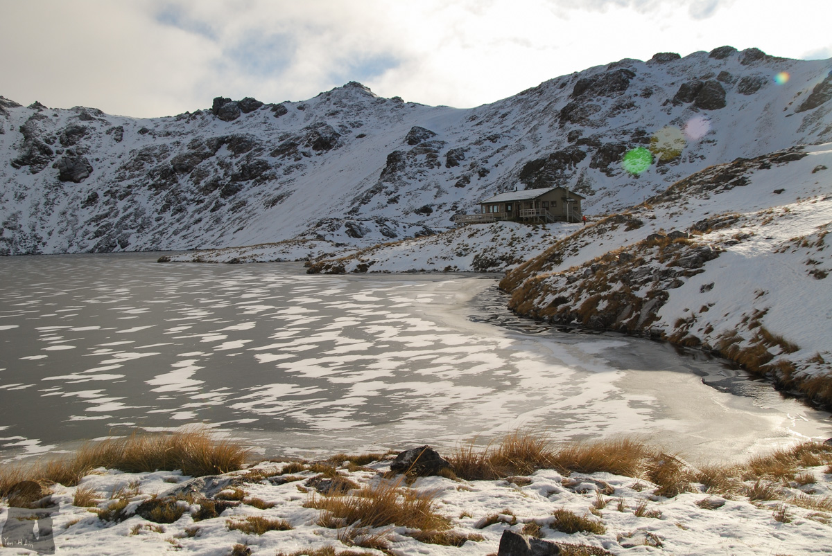 The “main lake” started icy when we left the hut in the morning.