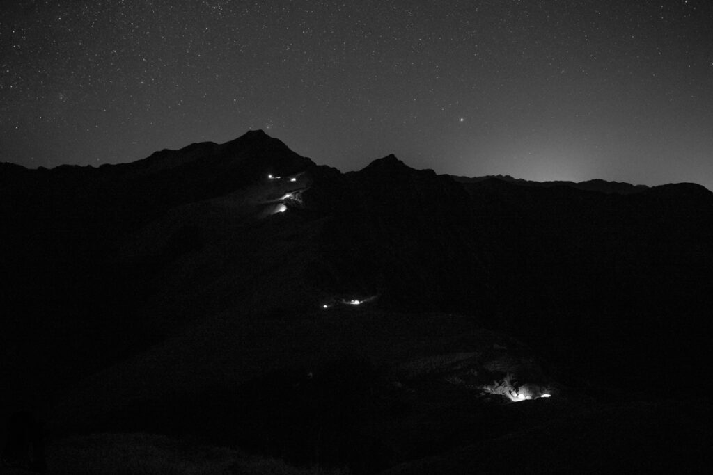 Qilaishan Main & North Peak (奇萊主北), My First Multiday Hike on the High Mountains of Magnificence and Misfortune Light from head lamps on the ridge; Some hikers were heading to Qilai Main Peak, trying to catch up the sunrise there.