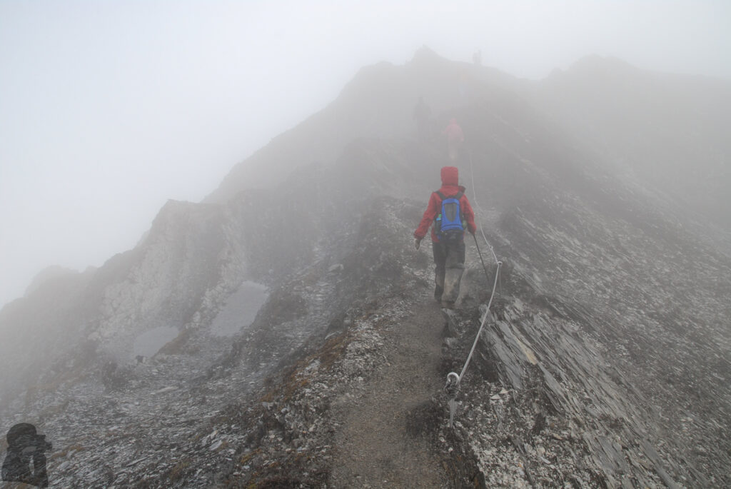 Qilaishan Main & North Peak (奇萊主北), My First Multiday Hike on the High Mountains of Magnificence and Misfortune hikers in dense fog on the ridge
