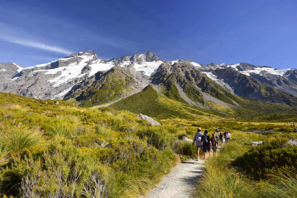 Sefton Bivouac (Sefton Bivvy), the Climb along the Precipitous Trail above Mount Cook Village Hooker Valley Track