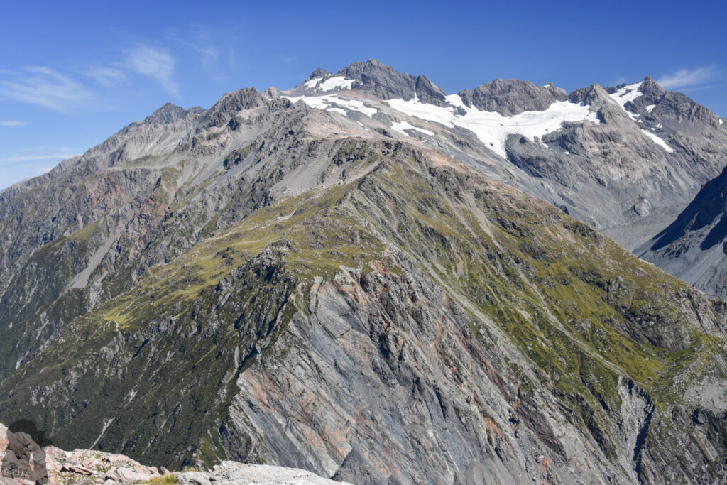 Sefton Bivouac (Sefton Bivvy), the Climb along the Precipitous Trail above Mount Cook Village The red dot on the ridge in the upper middle of the photo is Mueller Hut.