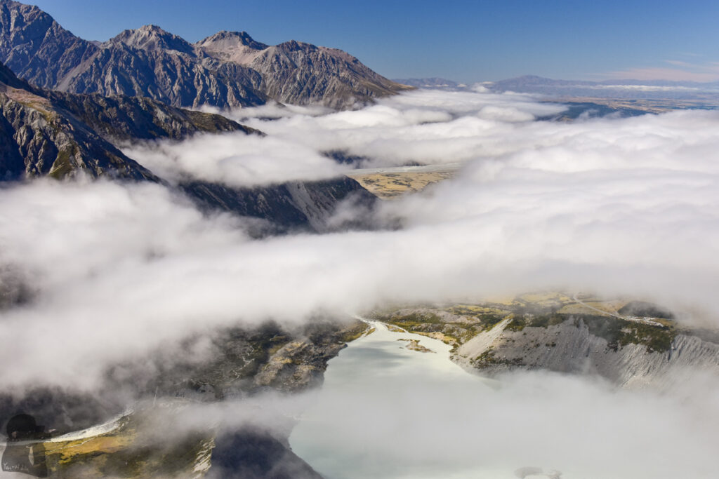 Sefton Bivouac (Sefton Bivvy), the Climb along the Precipitous Trail above Mount Cook Village Mueller Lake