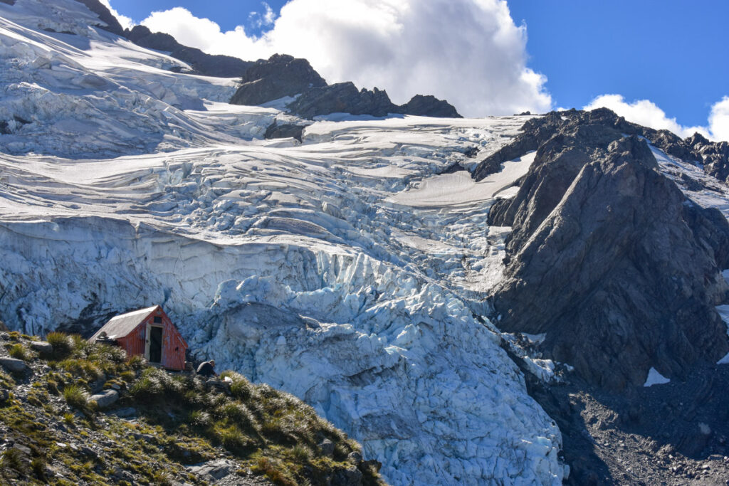Sefton Bivouac (Sefton Bivvy), the Climb along the Precipitous Trail above Mount Cook Village Sefton Bivouac and Tewaewae Glacier