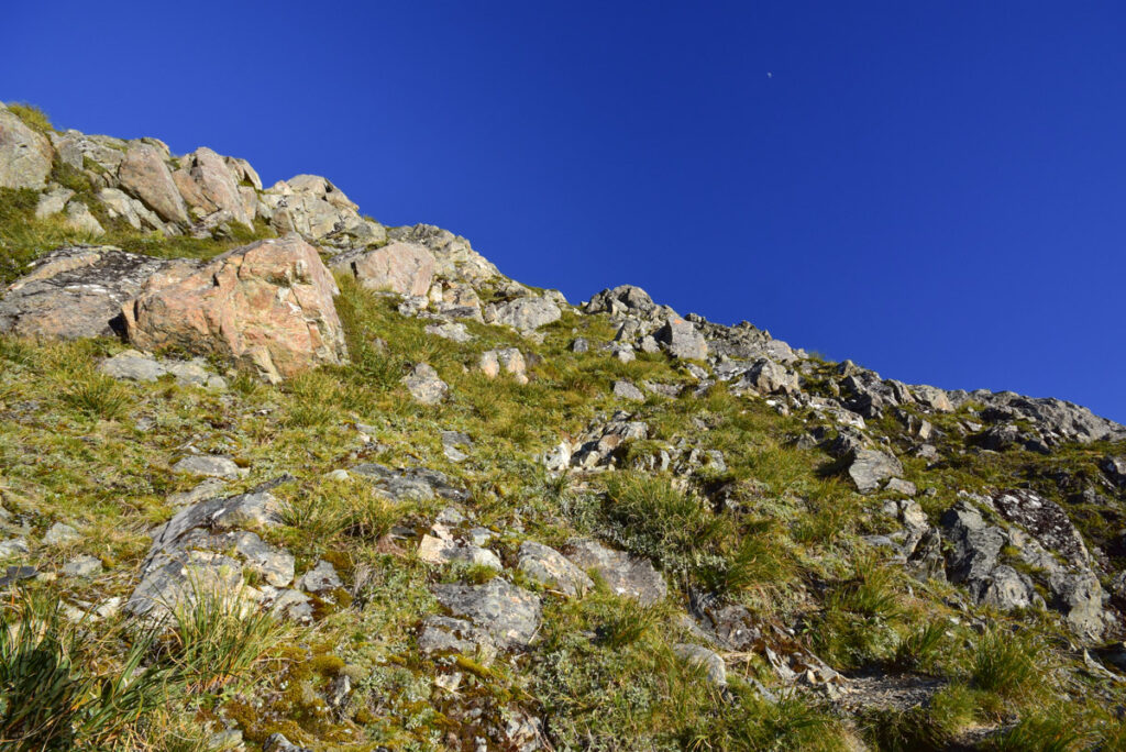 Sefton Bivouac (Sefton Bivvy), the Climb along the Precipitous Trail above Mount Cook Village An important orange trail marker on the boulder