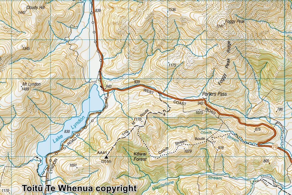 Trig-M Route, a Short Walk to Overlook Lake Lyndon and Porters Pass Trig-M Route map