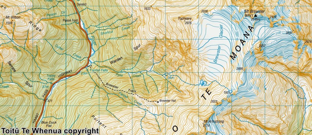 Brewster Glacier and its Terminal Lakes, the Dreamy Playground for Photography Toitū Te Whenua copyright Sourced from Topo50 Map BZ13