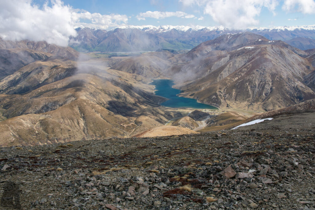 Foggy Peak & Castle Hill Peak, Climb Much Higher above Porters Pass on an Unmarked Route Lake Lyndon with Mt. Lyndon on the right and Trig-M (and the track) on the left