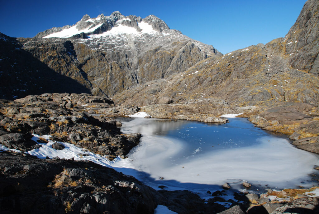 Gertrude Saddle Route, My Favorite Trail to View the Breathtaking Fiordland One of the frozen tarns above Black Lake, showing its milky ice