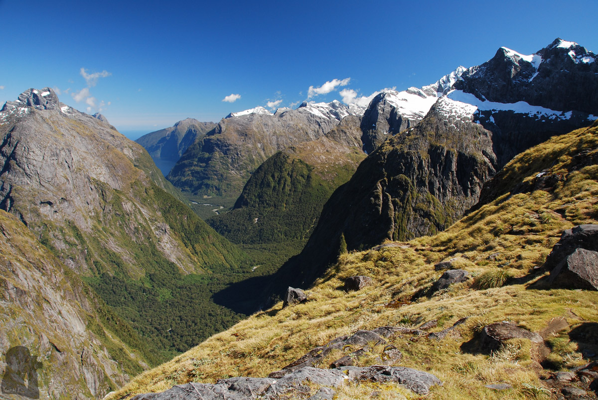The view toward Milford Sound at Gertrude Saddle.