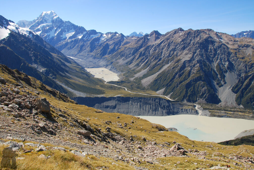 Hooker Valley Track, the Beginner-Friendly Walk to See the Icebergs Floating on Hooker Lake Overlooking Mueller Lake in the front, and the Hooker Lake which is under the Mt. Cook.