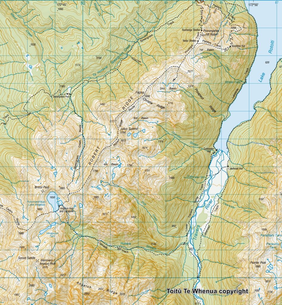 Rotomaninitua / Lake Angelus, the Tranquil Alpine Tarn in a Winter of Nelson Lakes National Park Toitū Te Whenua copyright Sourced from Topo50 Map BS24