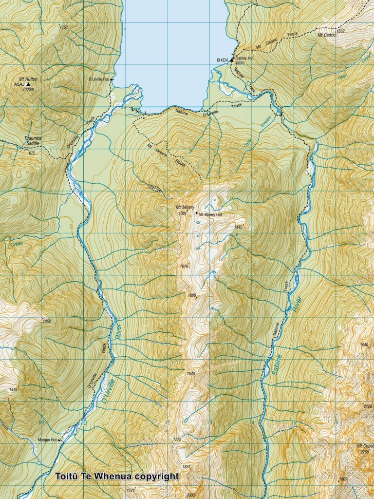 Blue Lake & Sabine Track-Moss Pass-D’Urville Track; Revisit the Clearest Fresh Water in the World on a Lesser-Visited Route Toitū Te Whenua copyright Sourced from Topo50 Map BS24
