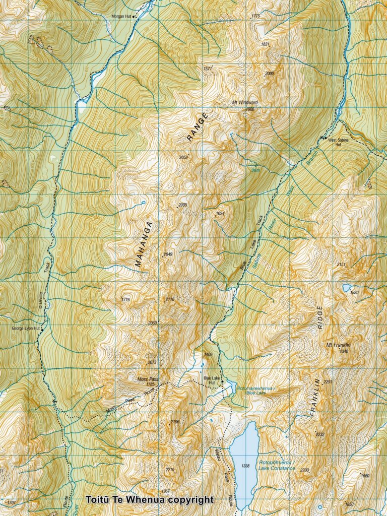 Blue Lake & Sabine Track-Moss Pass-D’Urville Track; Revisit the Clearest Fresh Water in the World on a Lesser-Visited Route Toitū Te Whenua copyright Sourced from Topo50 Map BS24