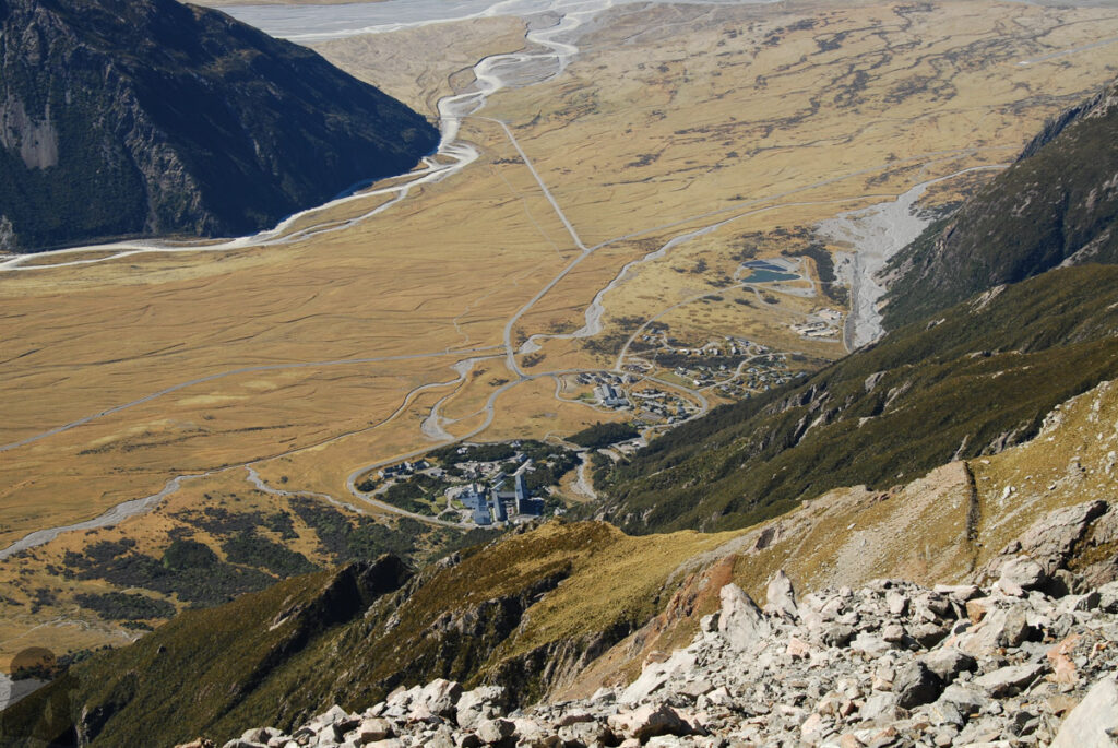 Aoraki / Mount Cook, the Busiest Village beneath the Highest Peak Mount Cook Village; viewing from Mt. Ollivier