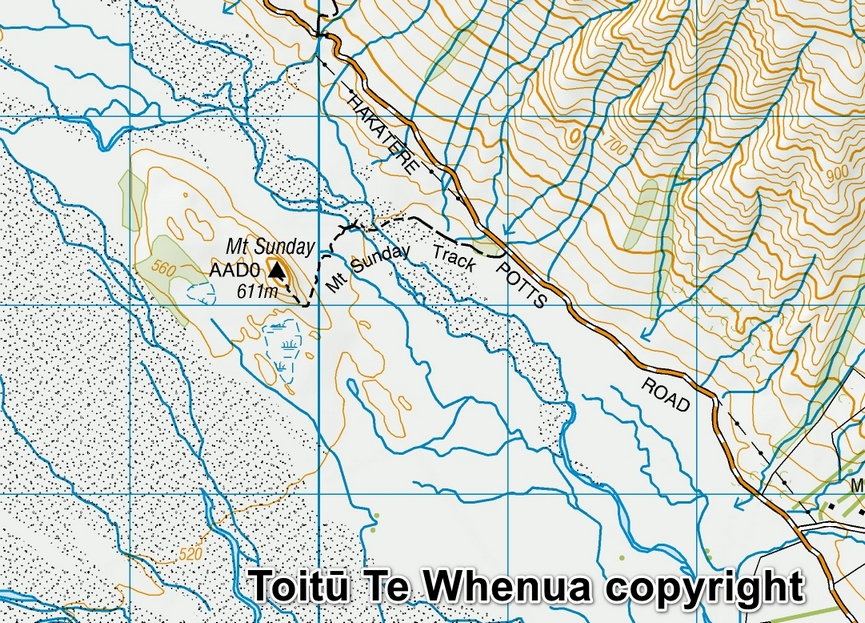 Mt. Sunday, Canterbury, Viewing the Panorama of Ranges and Plain in the Capital of "Rohan" Toitū Te Whenua copyright Sourced from Topo50 Map BX18