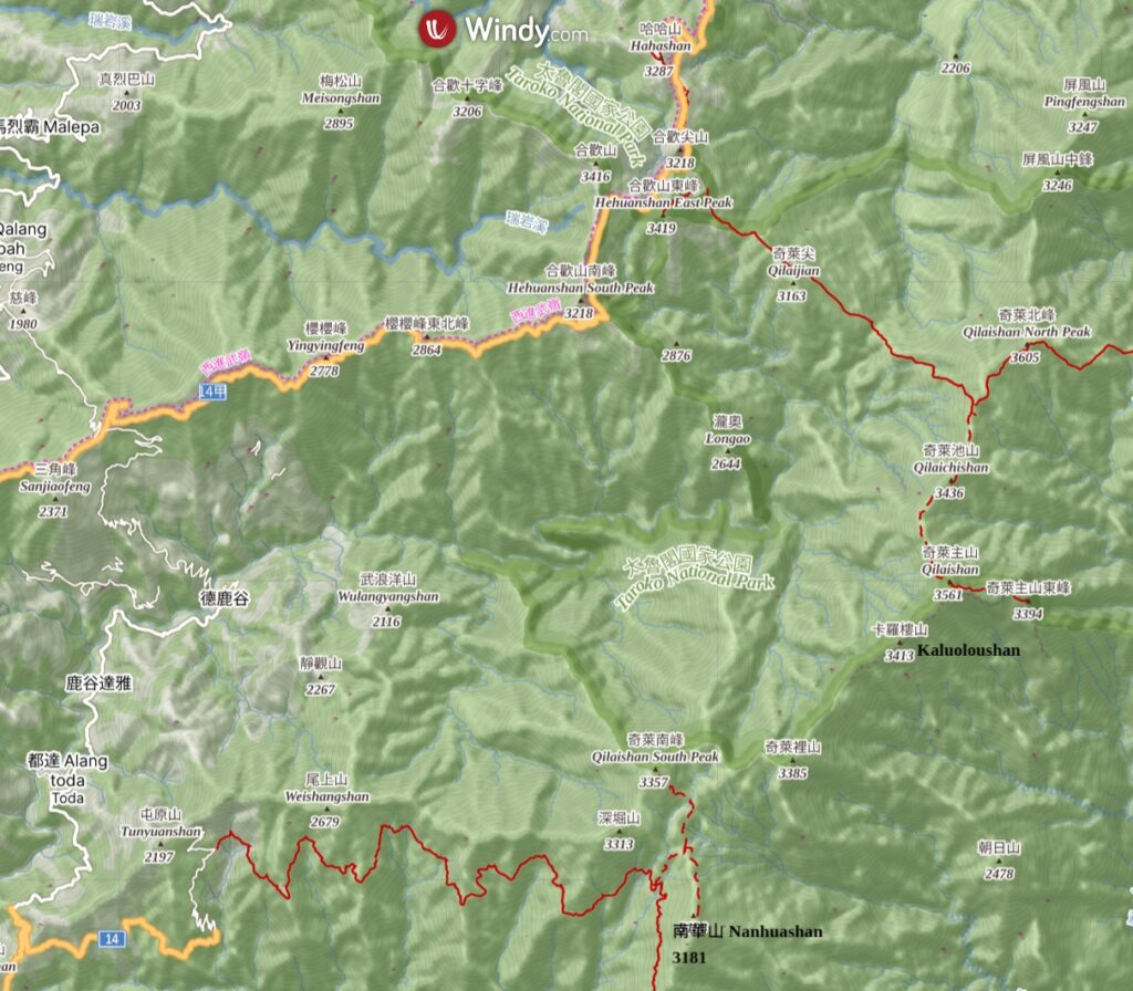Qilai Range (奇萊連峰), the Trail Traverses the Imposing and Soothing Peaks of Qilaishan Qilai Range map