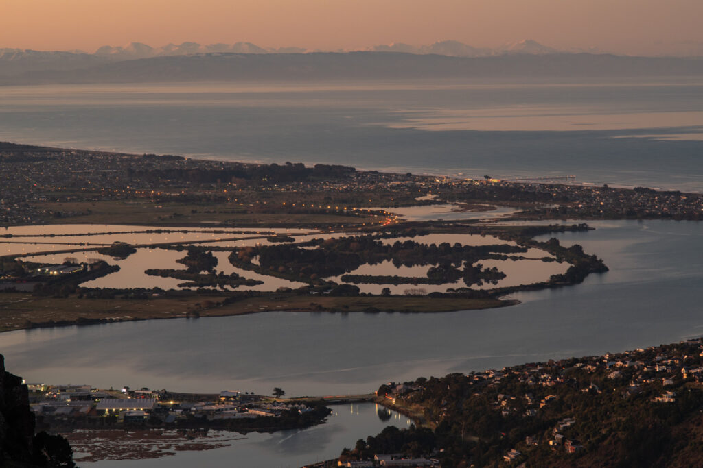 Te Moenga-o-Wheke / The Tors, the Prominent Peak on Port Hills for Viewing the Panorama of Canterbury The estuary in the evening