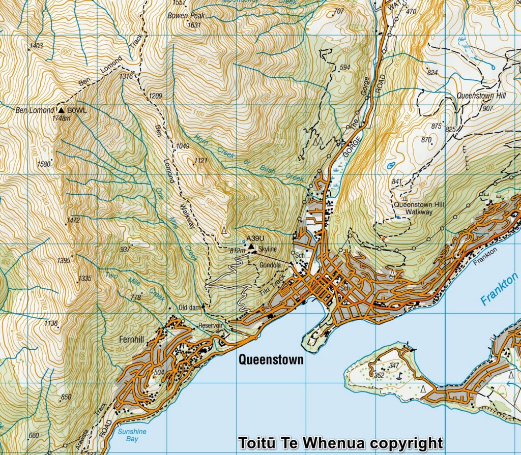 Ben Lomond; the Most Rewarding Climb to View Queenstown and Lake Wakatipu Toitū Te Whenua copyright Sourced from Topo50 Map CC11
