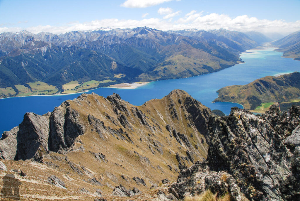 Corner Peak, the Prominent Pyramid Towering up above Lake Hāwea view from the top of Corner Peak