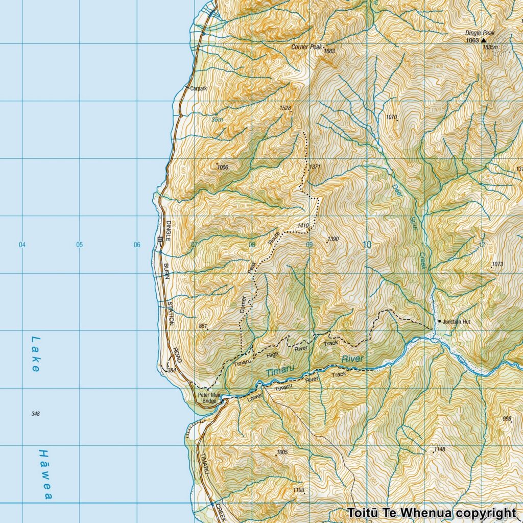 Corner Peak, the Prominent Pyramid Towering up above Lake Hāwea Toitū Te Whenua copyright Sourced from Topo50 Map CA13