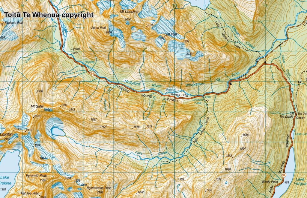 Falls Creek Route, Fiordland, a Tough Bushwhacking Hike on an "Marked" Trail Toitū Te Whenua copyright Sourced from Topo50 Map CB09