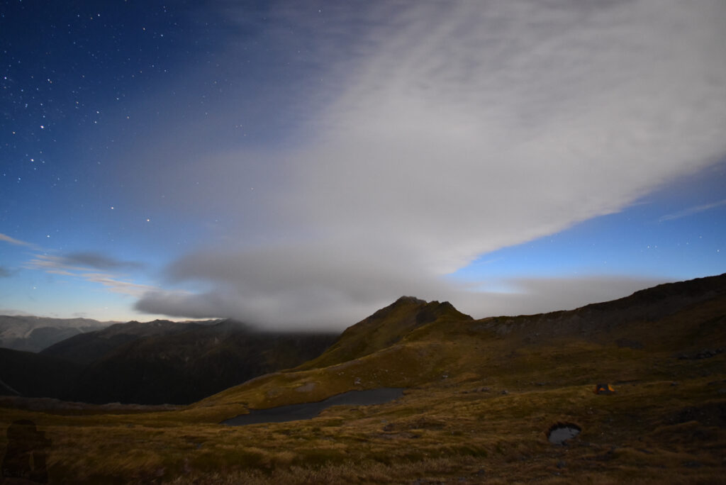 Camping under The Apprentice, via Lewis Tops Track A bright and windy night