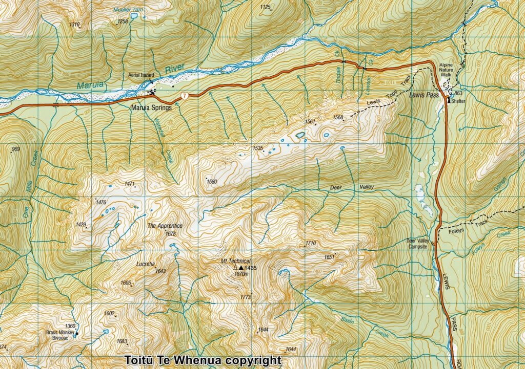 Camping under The Apprentice, via Lewis Tops Track Toitū Te Whenua copyright Sourced from Topo50 Map BT23