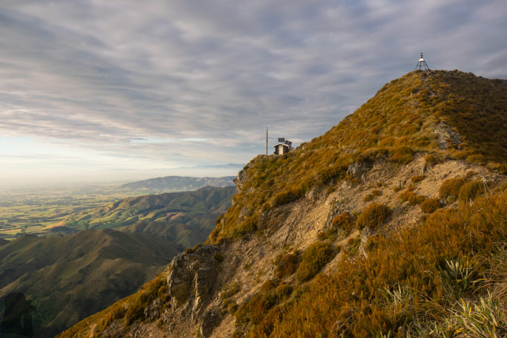 The trig point and shelter on Little Mt Peel