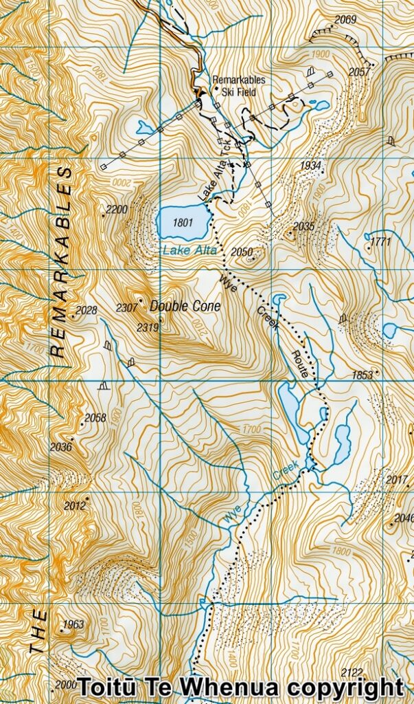 Camping on the Ridge of The Remarkables, Under the Majestic Double Cone Toitū Te Whenua copyright Sourced from Topo50 Map CC11