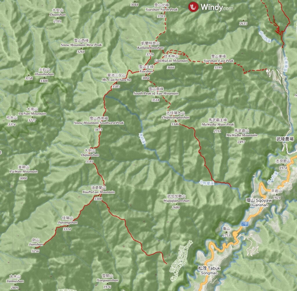 Xuejian Trail (雪劍縱走), Walking on a Prominent Ridge of Snow Mountain Xuejian Trail map